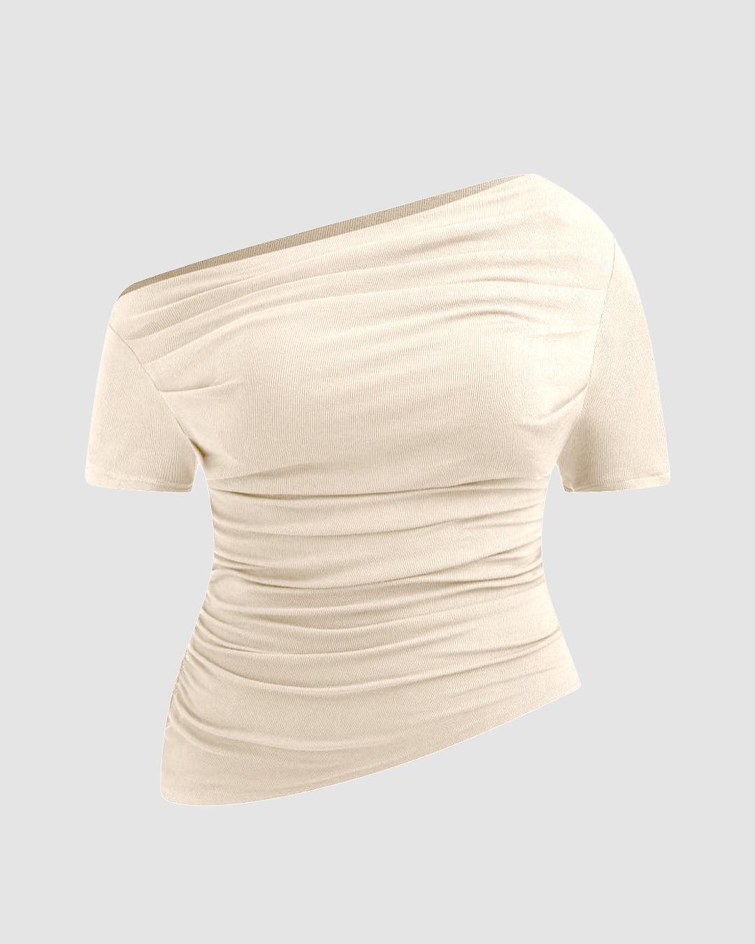 Asymmetrical Neck Ruched Short Sleeve Off-White Top Curve & Plus - Image 3