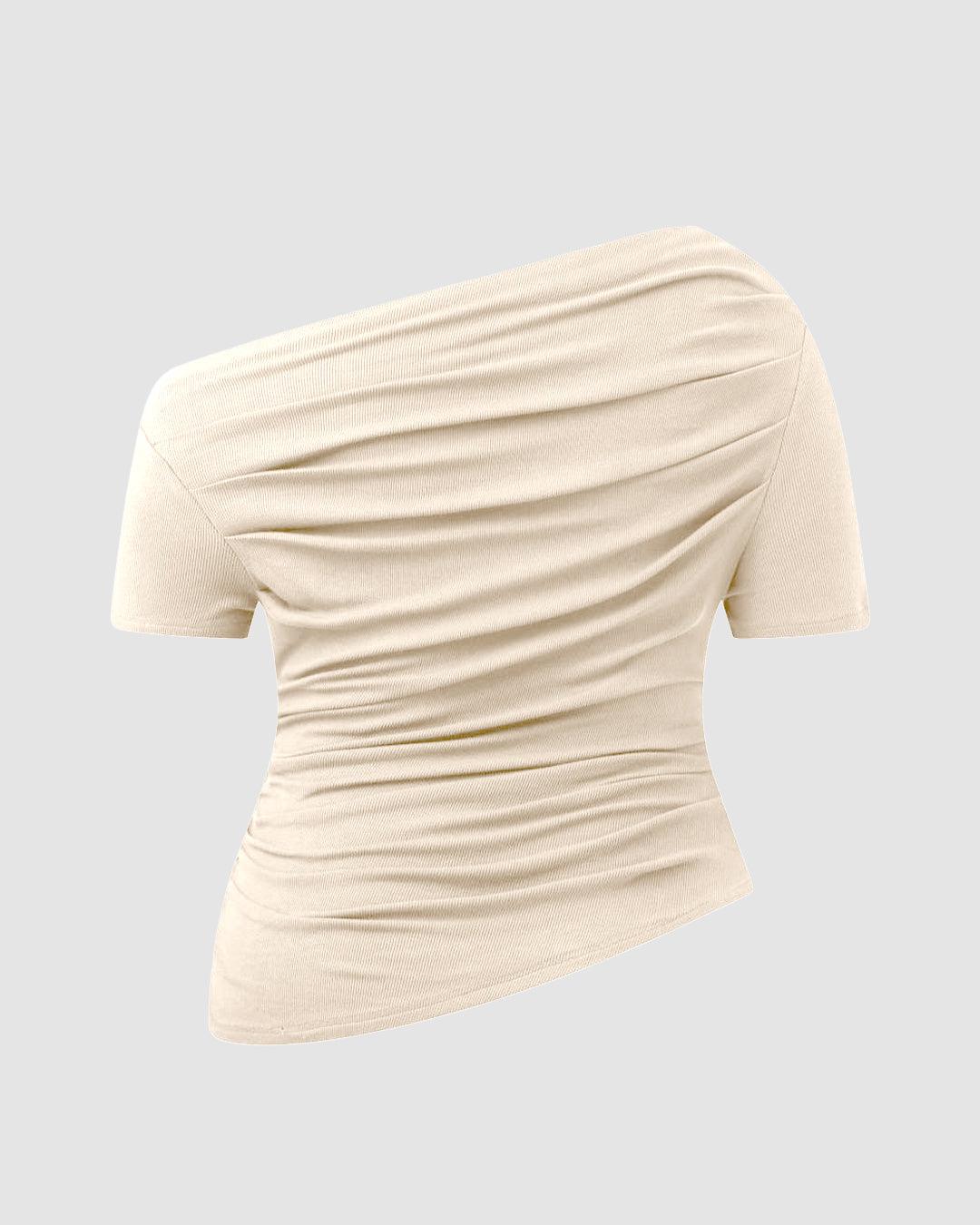 Asymmetrical Neck Ruched Short Sleeve Off-White Top Curve & Plus - Image 4