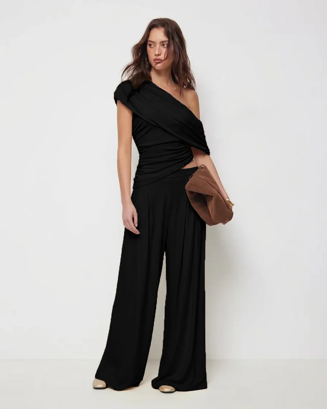 Asymmetrical Neck Ruched Top and Mid Rise Wide Leg Trousers Set In Black - Image 3