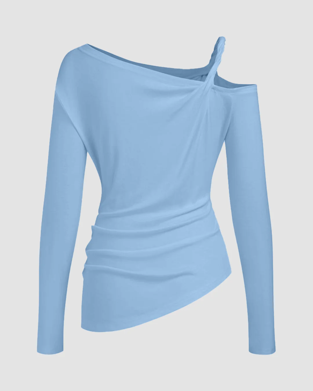 Asymmetrical Neck Ruched Twist Top in Powder Blue - Image 2