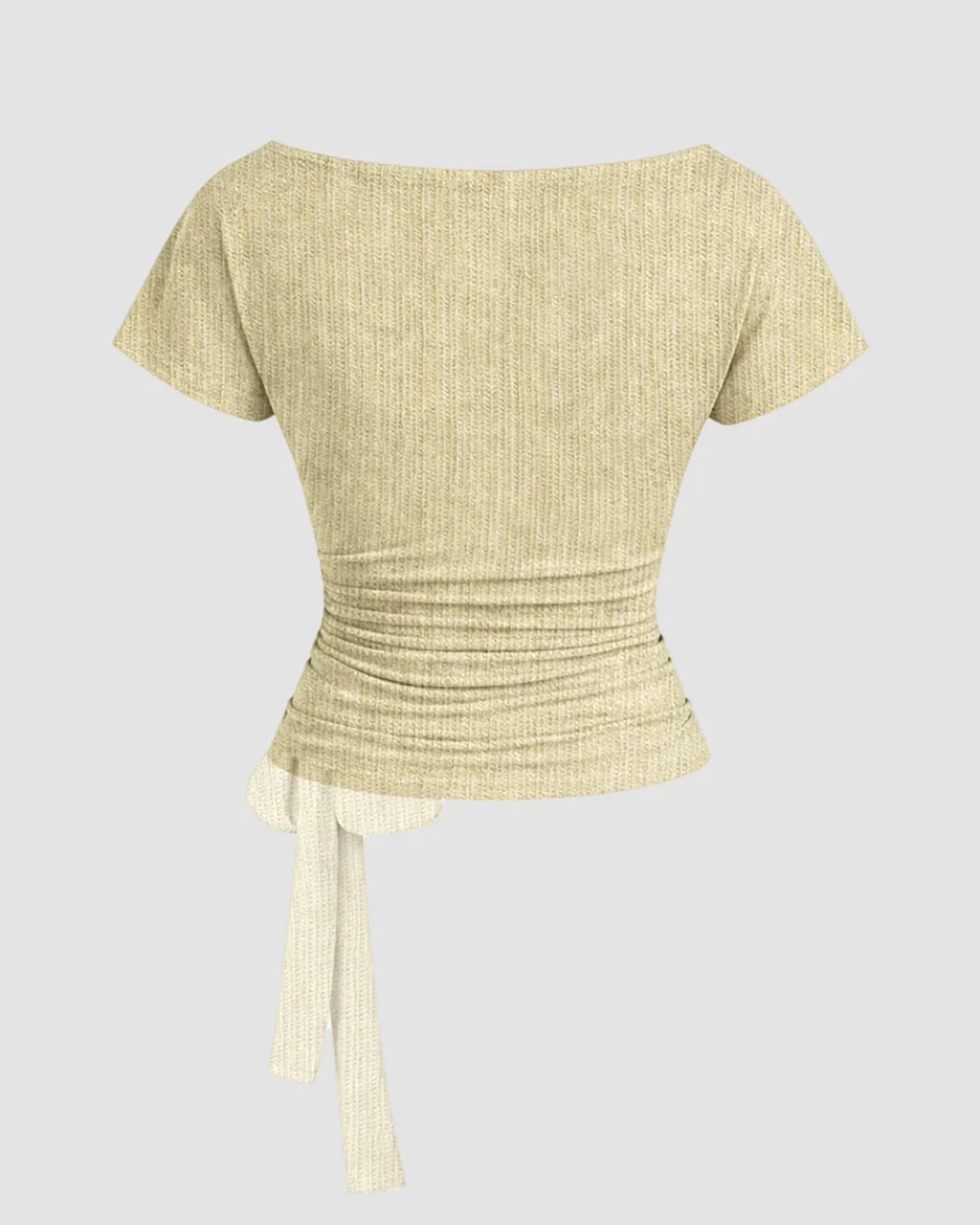 Boat Neck Short Sleeve Knotted Ruched Top - Image 2