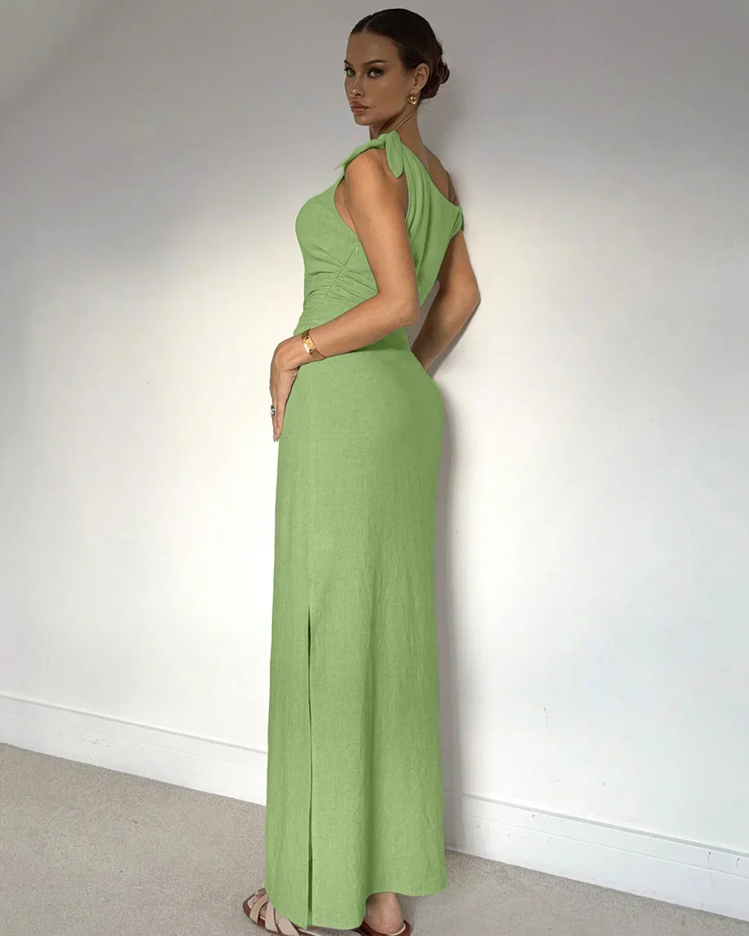 Asymmetrical Neck Slim Fit Solid Sleeveless Maxi Dress in Light pista - Image 2