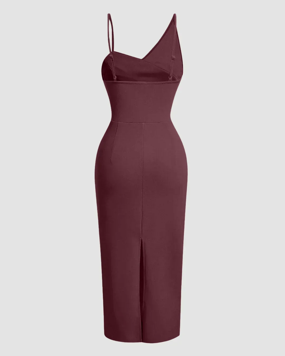 Asymmetrical Neck Slim Fit Solid Sleeveless Pleated Midi Dress in Maroon - Image 2