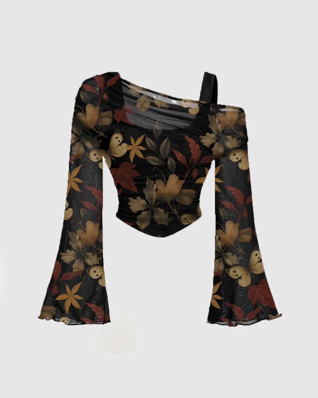 Asymmetrical Neck Slim Fit Straight Hem Floral Flared Top