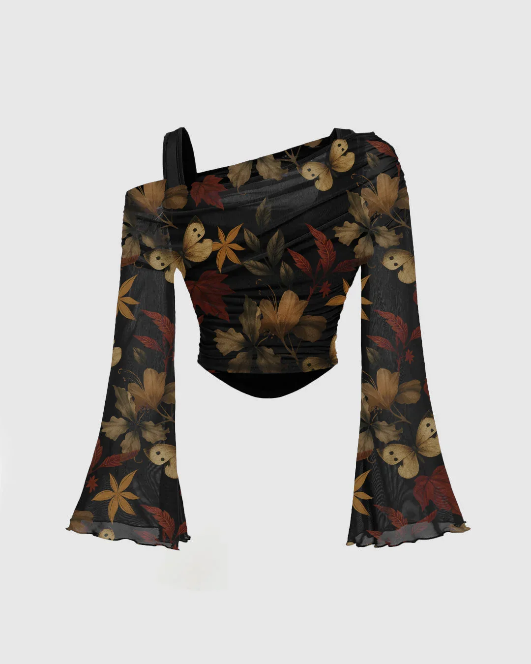 Asymmetrical Neck Slim Fit Straight Hem Floral Flared Top - Image 2