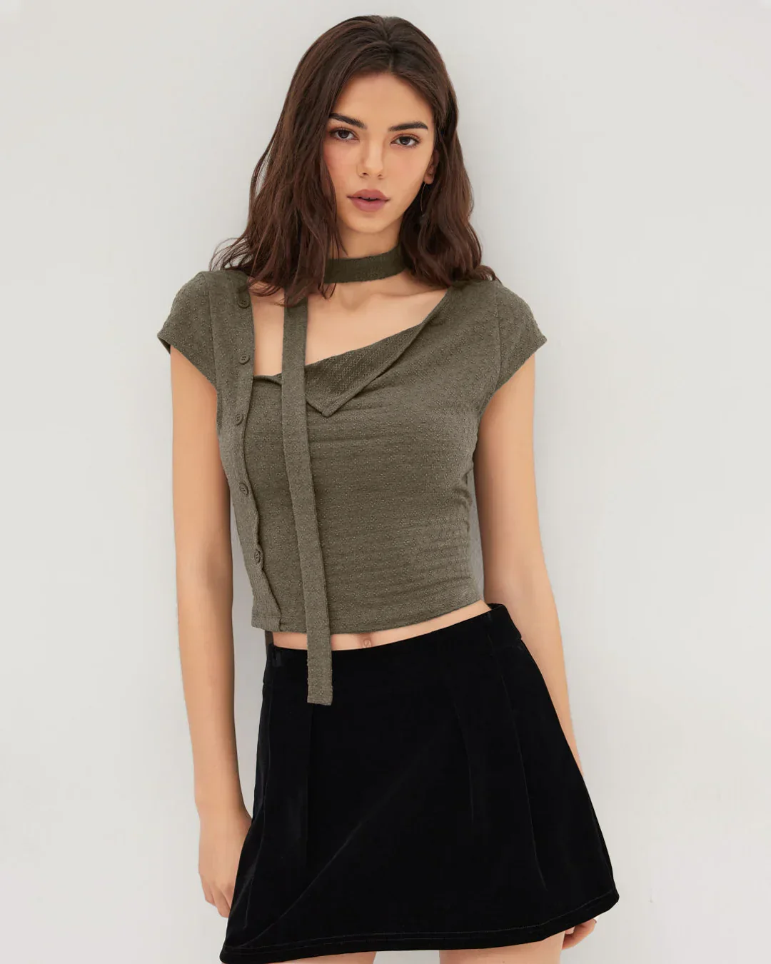 Asymmetrical neck top Texture Button Up Top With Scarf in Smoke Green - Image 3