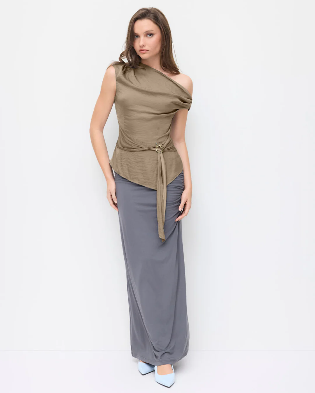Asymmetrical Neck Top with Metal Detail in Brown - Image 3