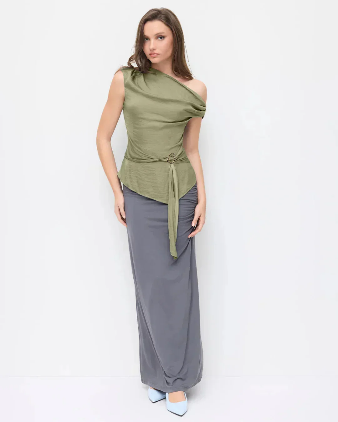 Asymmetrical Neck Top with Metal Detail in Green - Image 3