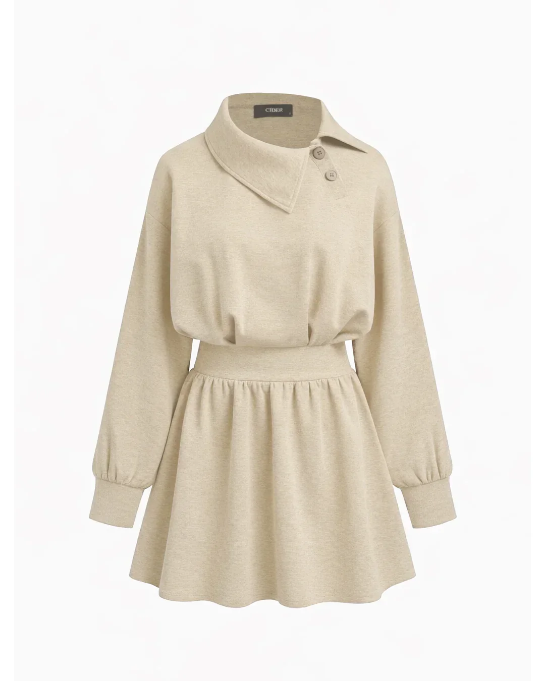 Asymmetrical Neckline Ruched A-Line Mini Dress in Beige