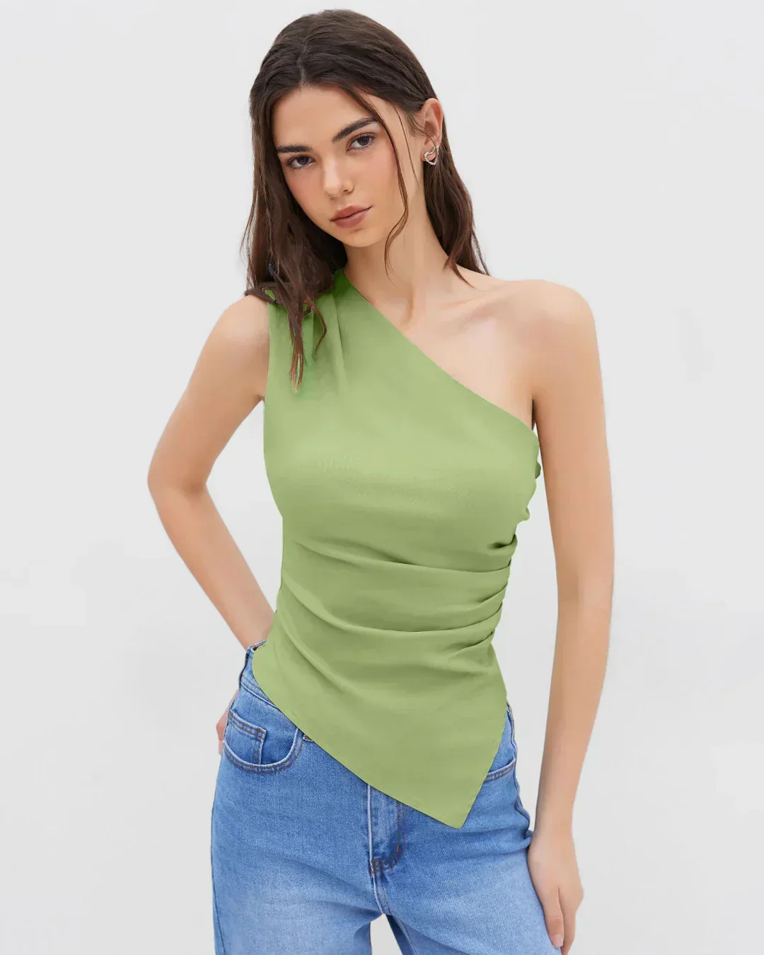 Asymmetrical Ruched Split Tank Top in Light pista - Image 2