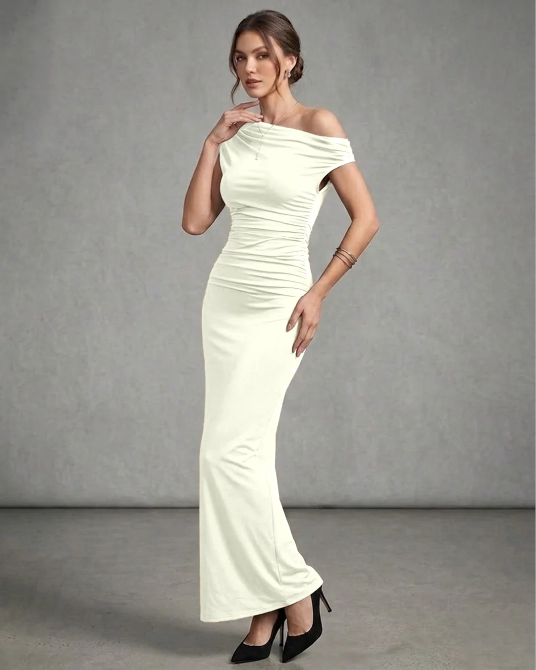 Asymmetrical Shoulder Ruched Waist Fit Dress in Beige - Image 3