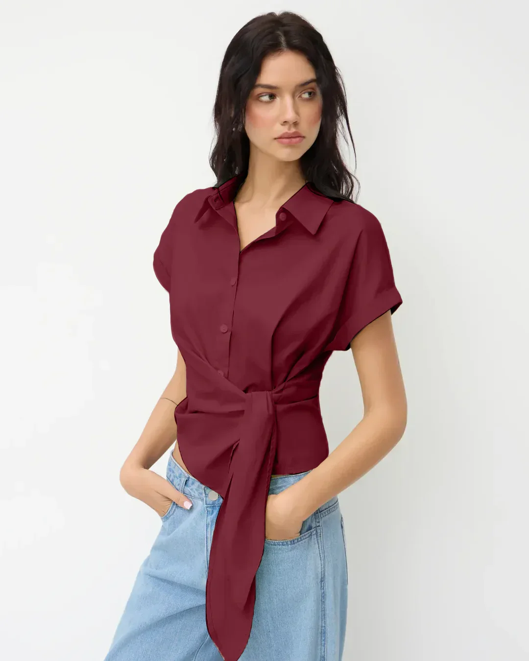 Asymmetrical Tie Waist Polo Shirt in Cherry - Image 3
