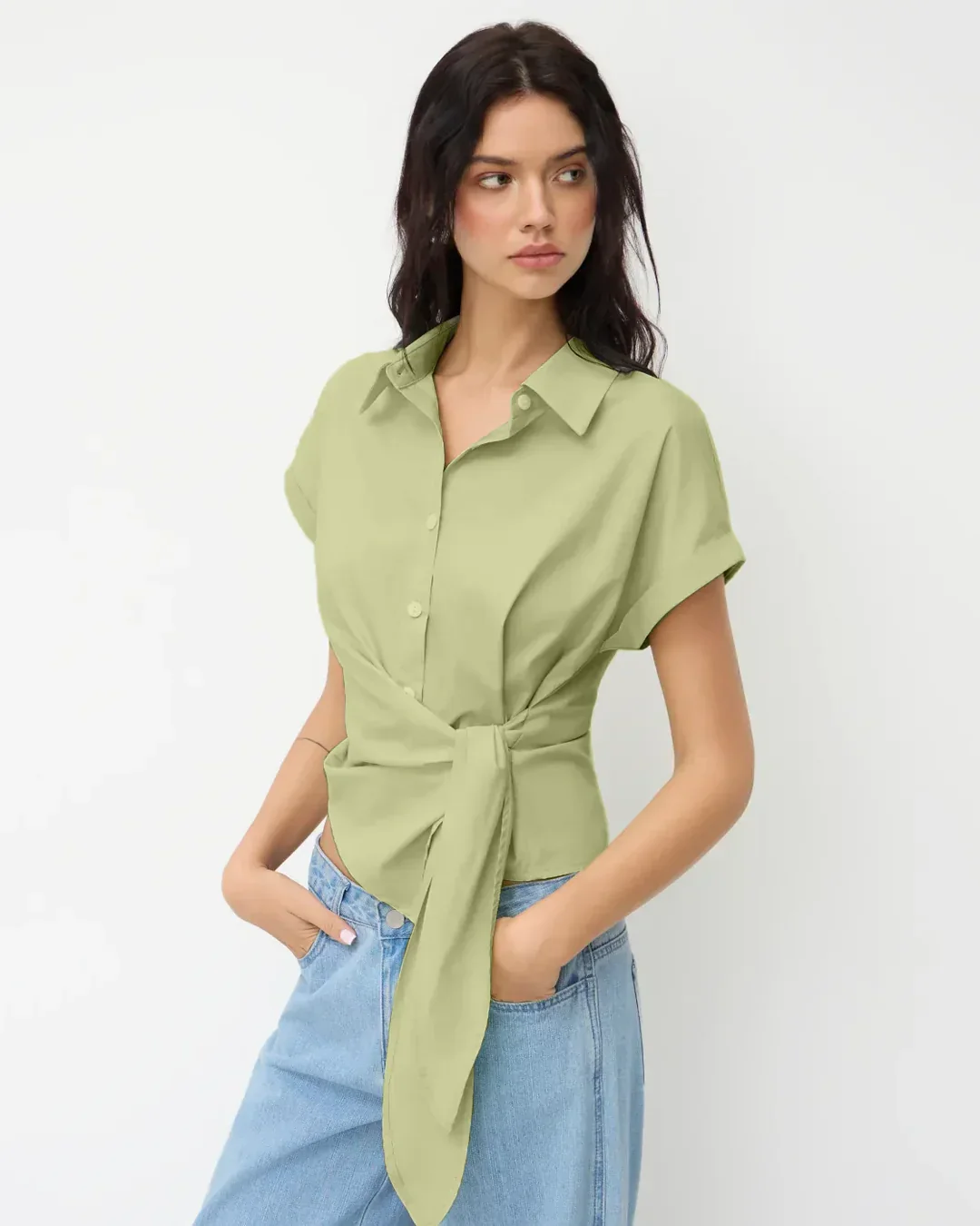 Asymmetrical Tie Waist Polo Shirt in Herbal - Image 3