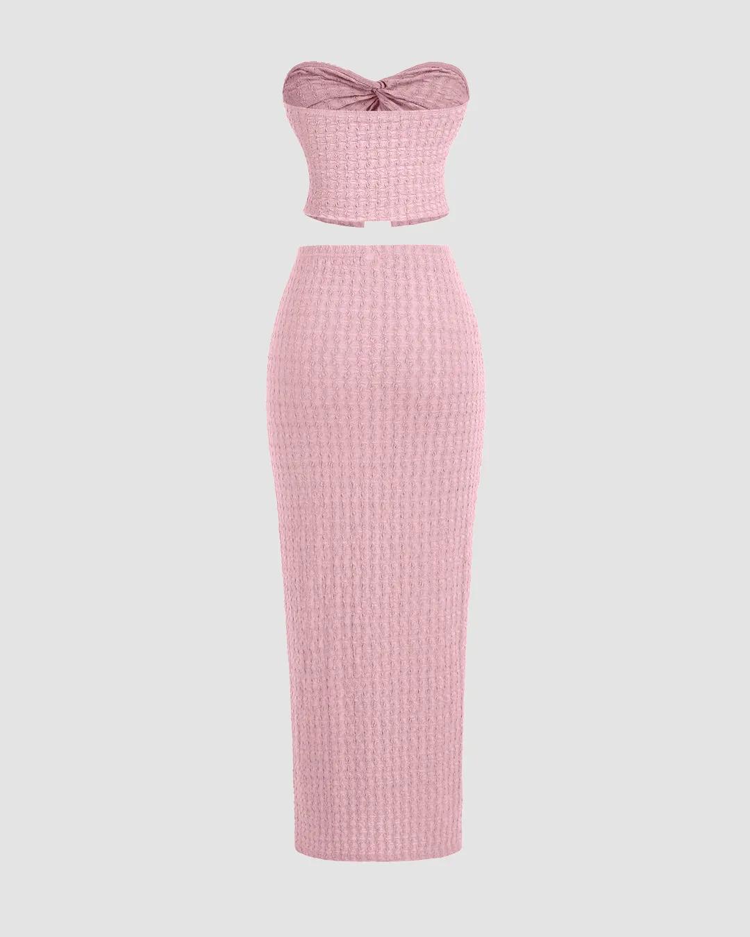 Baby Pink Knitted Two-Piece Set with Strapless Top and Fitted Skirt - Image 2