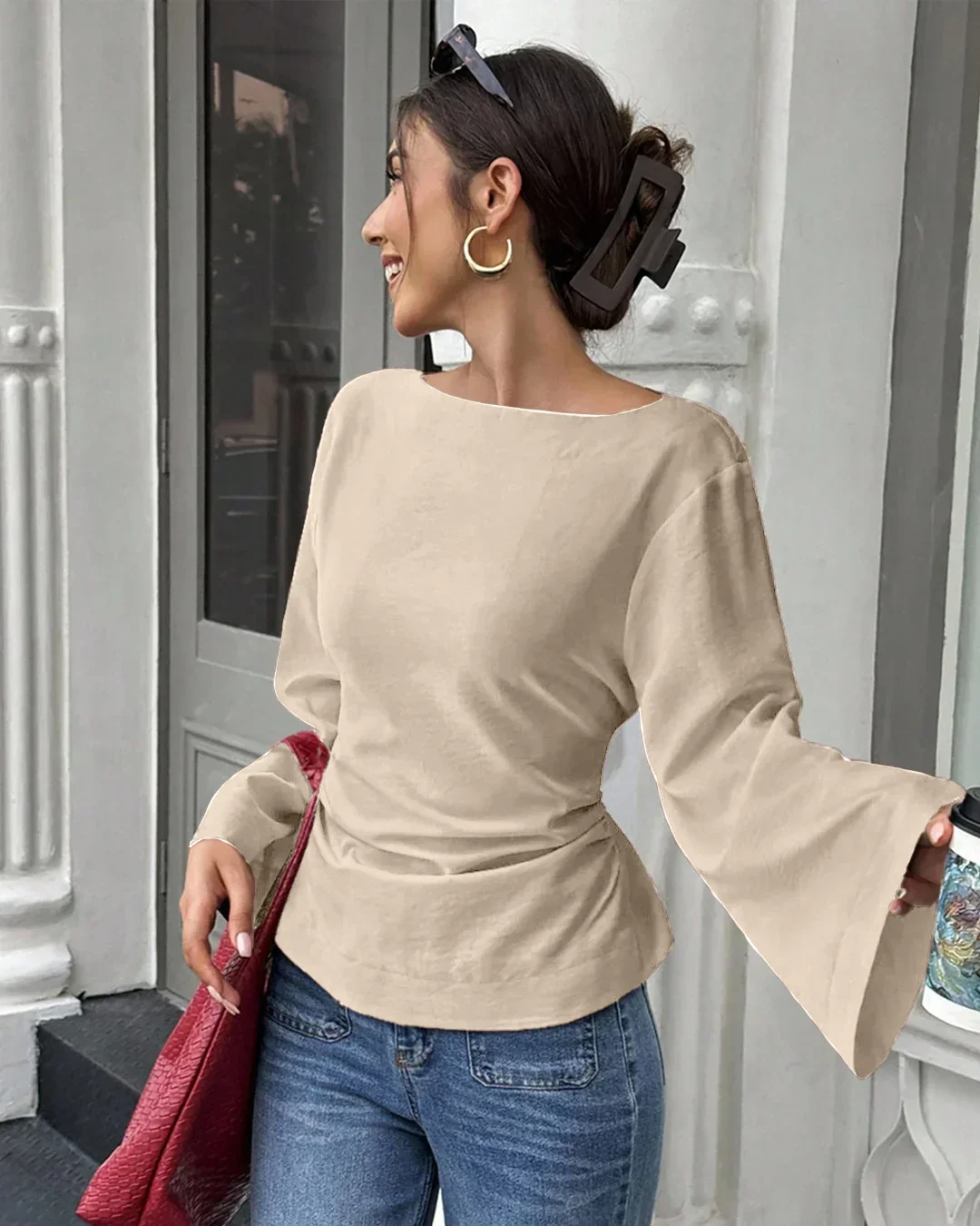 Back Tie Detail Flared Full Sleeve Top in Beige - Image 2