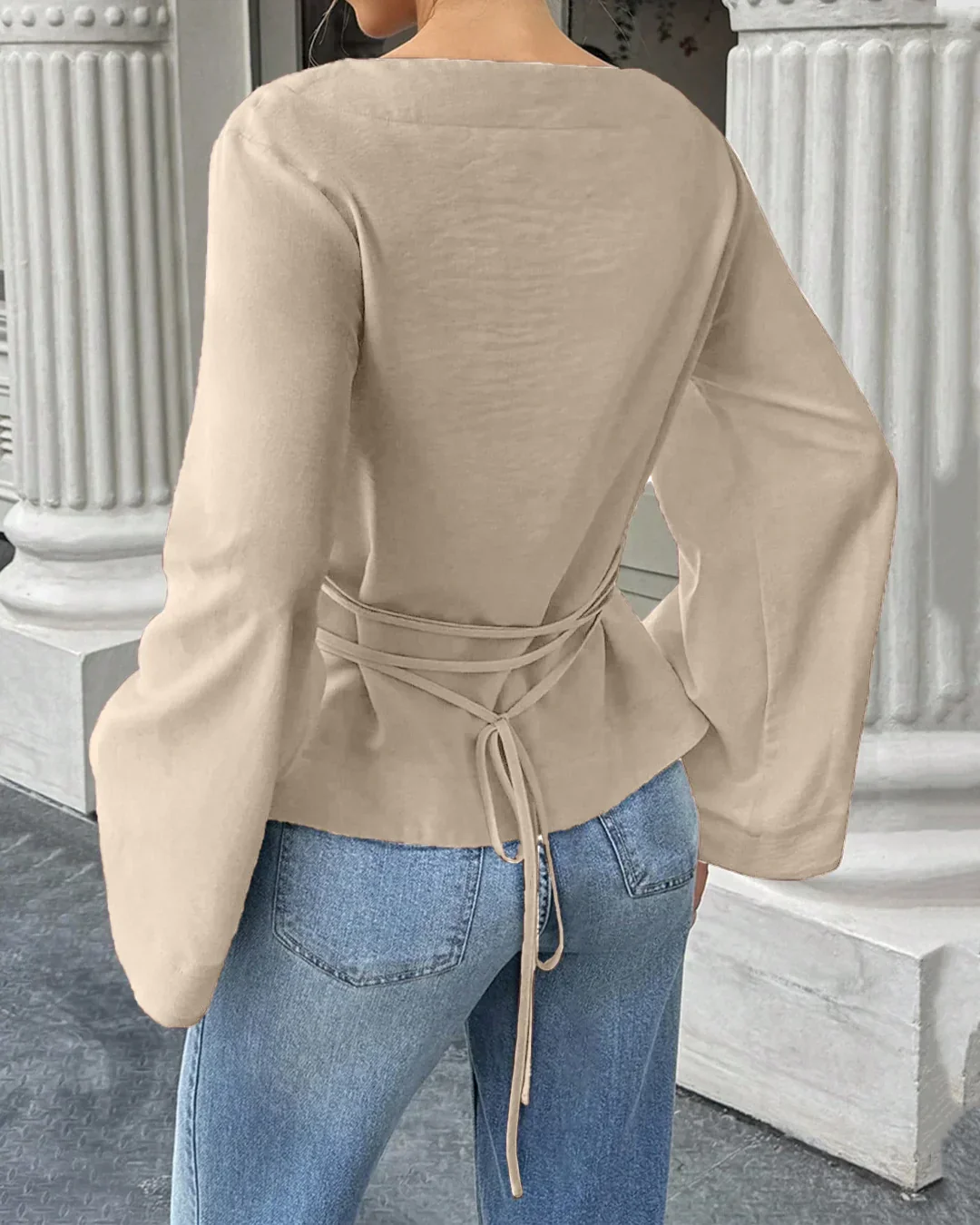 Back Tie Detail Flared Full Sleeve Top in Beige - Image 3