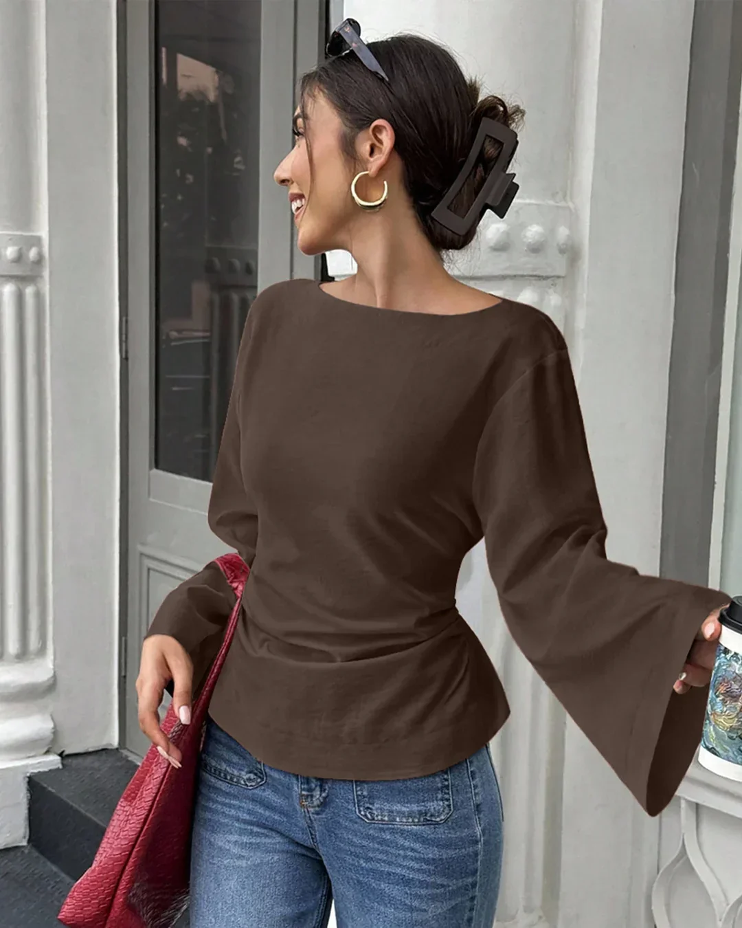 Back Tie Detail Flared Full Sleeve Top in Chocolate Fondae - Image 2