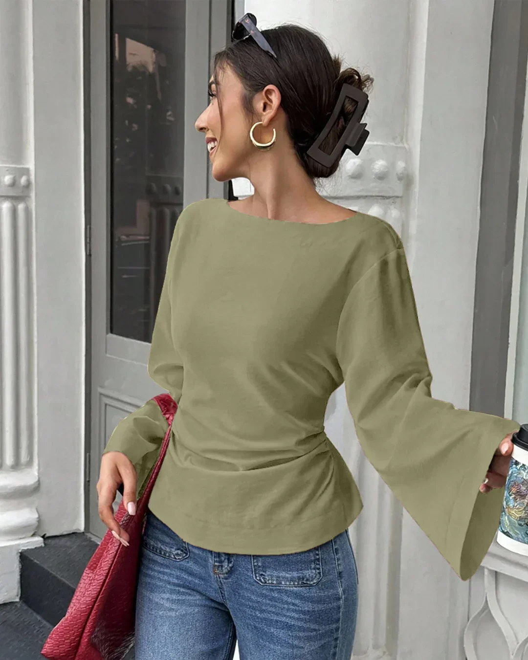 Back Tie Detail Flared Full Sleeve Top in Herbal - Image 2