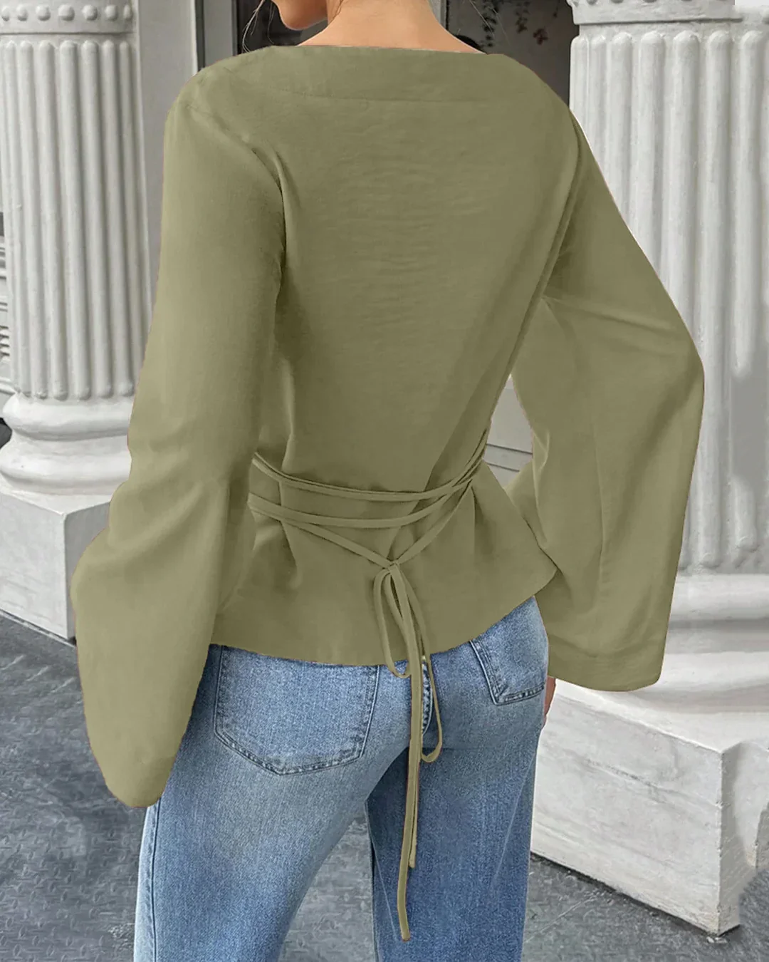 Back Tie Detail Flared Full Sleeve Top in Herbal - Image 3