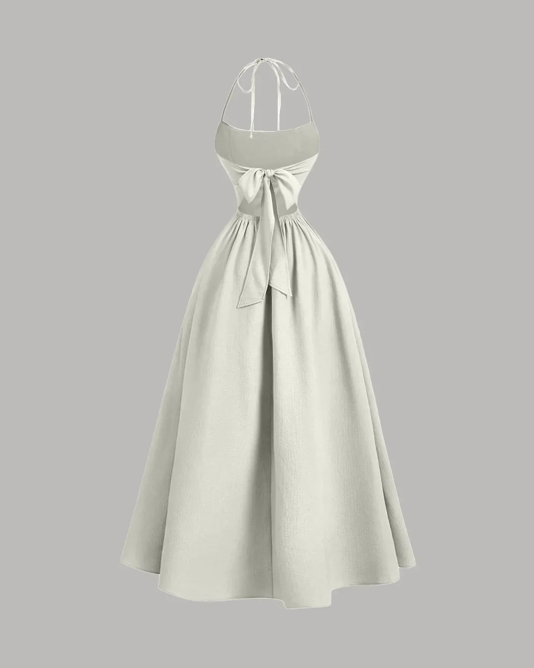 Back Tie Halter Neck Gathered Midi Dress in Cream - Image 2