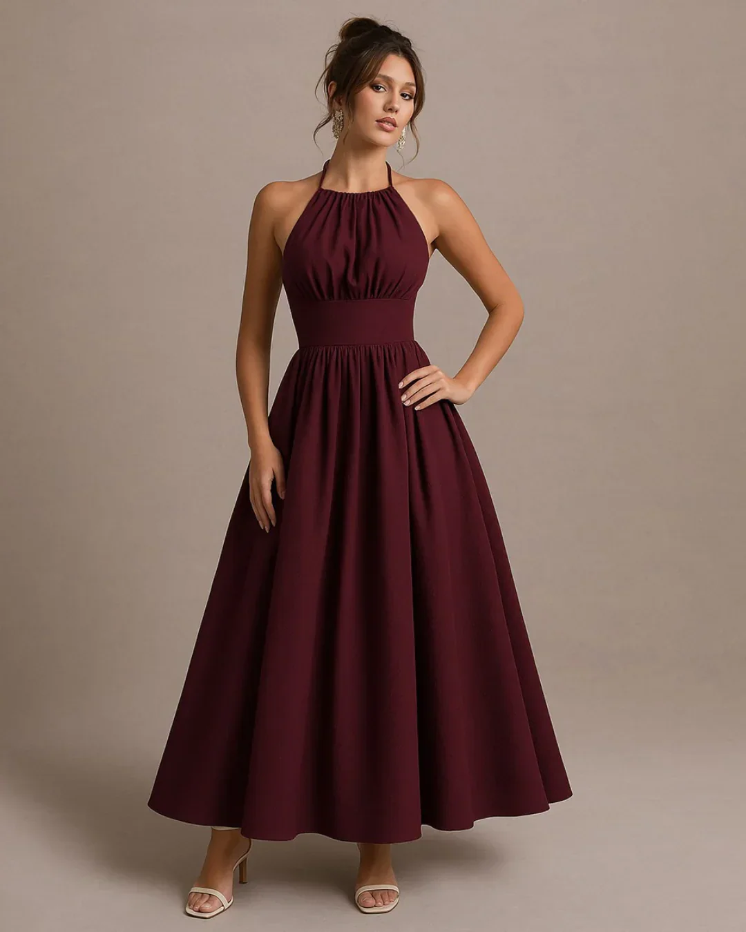 Halter Neck Back Tie Maxi Dress in Maroon - Image 2