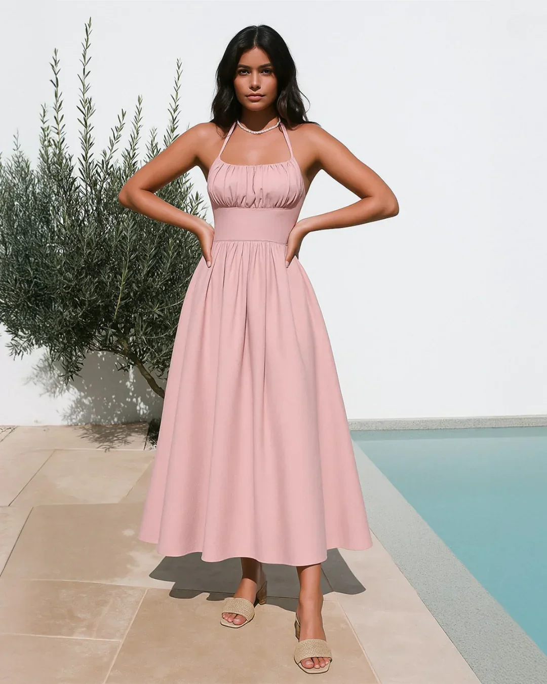 Back Tie Halter Neck Gathered Midi Dress in Powder Pink - Image 2