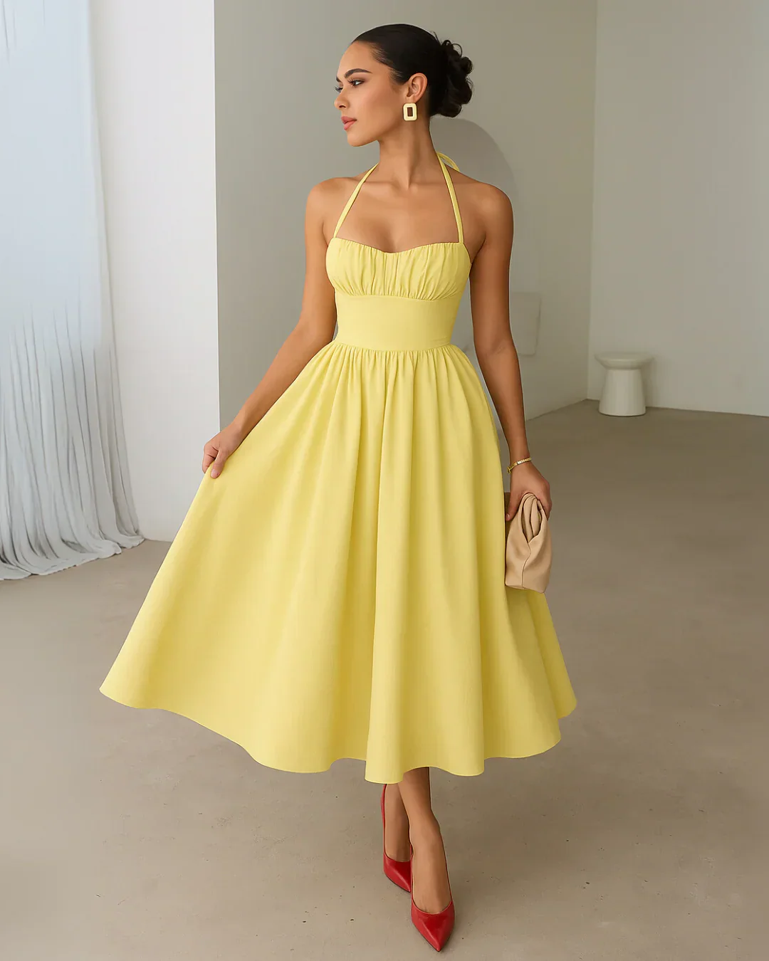 Halter Neck Tie-Back Fit and Flare Midi Dress in French Vanilla - Image 2