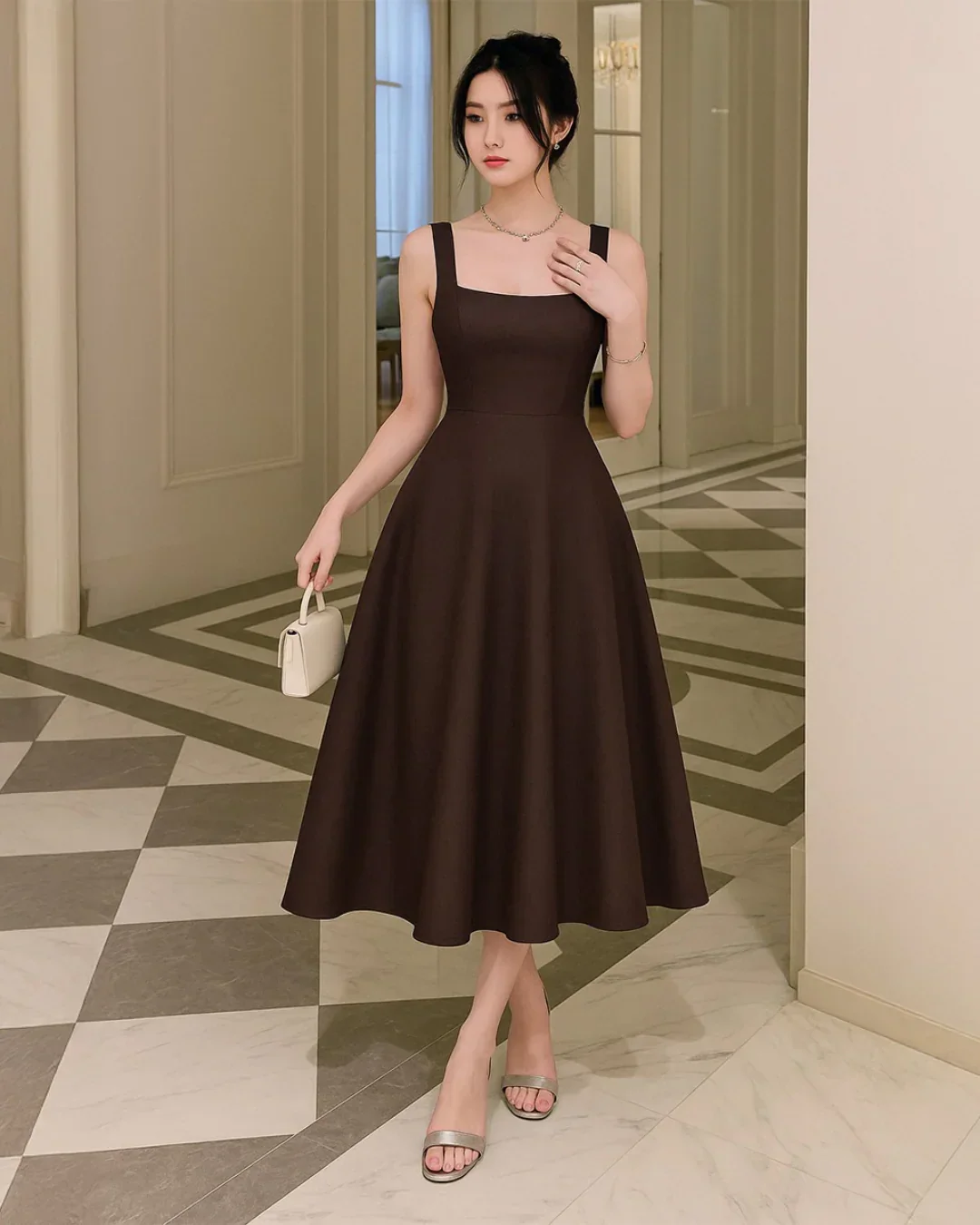 Criss-Cross Waist Fit & Flare Midi Dress in Chocolate - Image 2