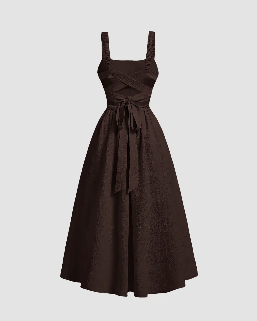 Criss-Cross Waist Fit & Flare Midi Dress in Chocolate - Image 3