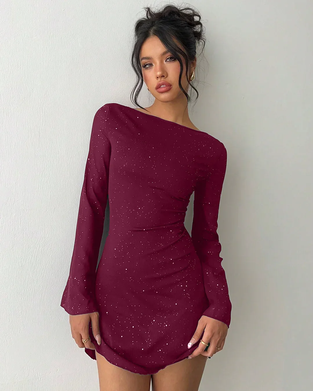 Backless Glitter Full Sleeve Fitted Mini Dress in Maroon - Image 2