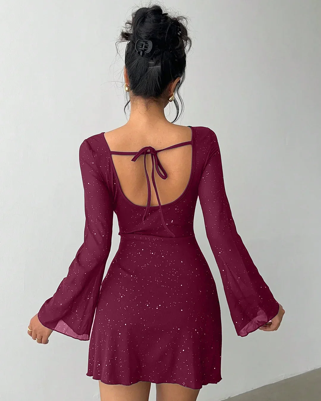 Backless Glitter Full Sleeve Fitted Mini Dress in Maroon - Image 3