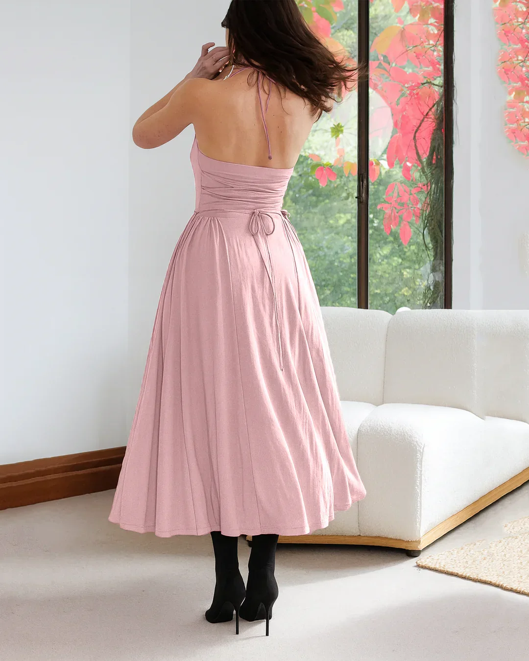 Backless Halter Midi Dress in Dusty Pink - Image 3