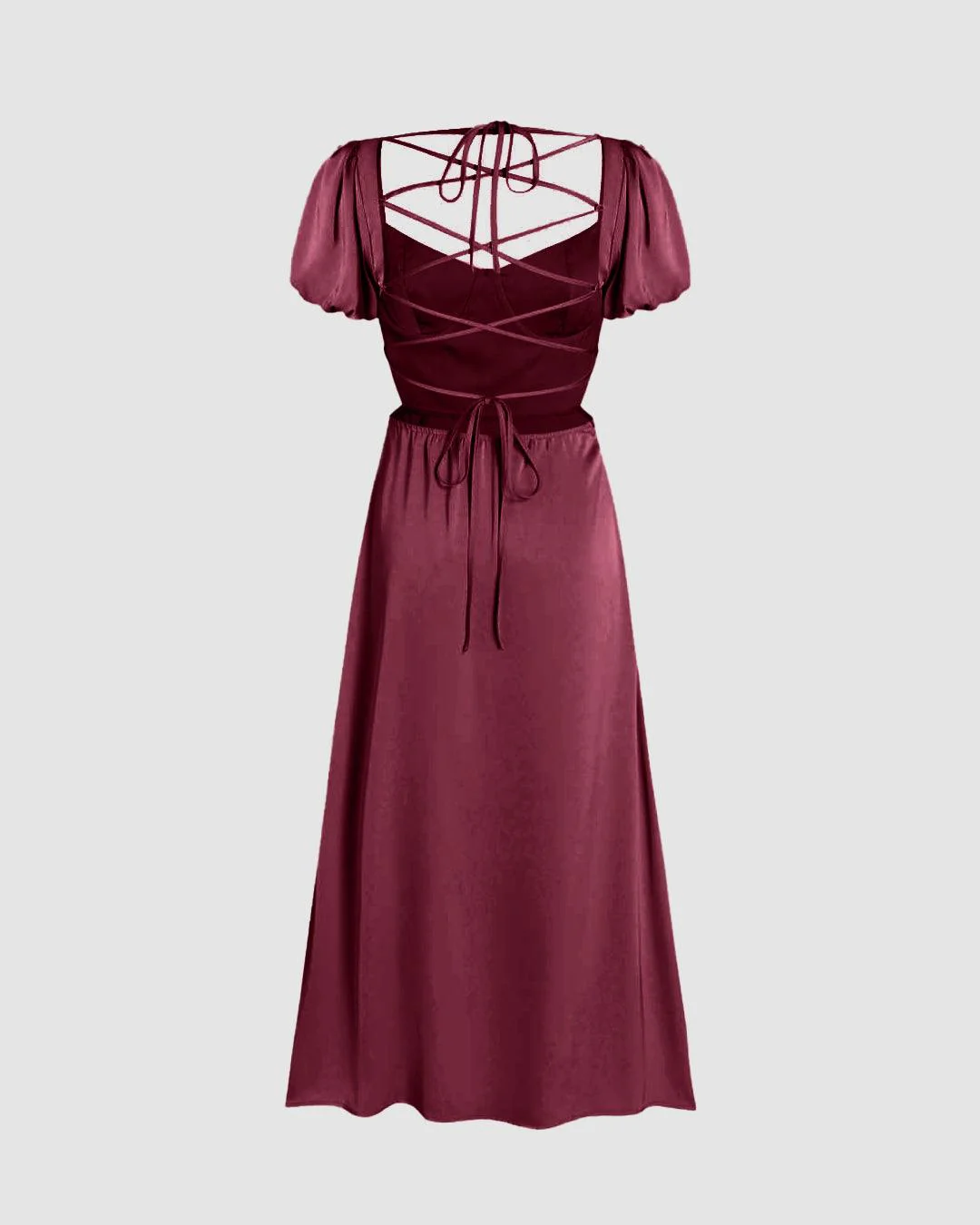 Backless Knotted Puff Sleeve Split Midi Dress In Rose Red - Image 2