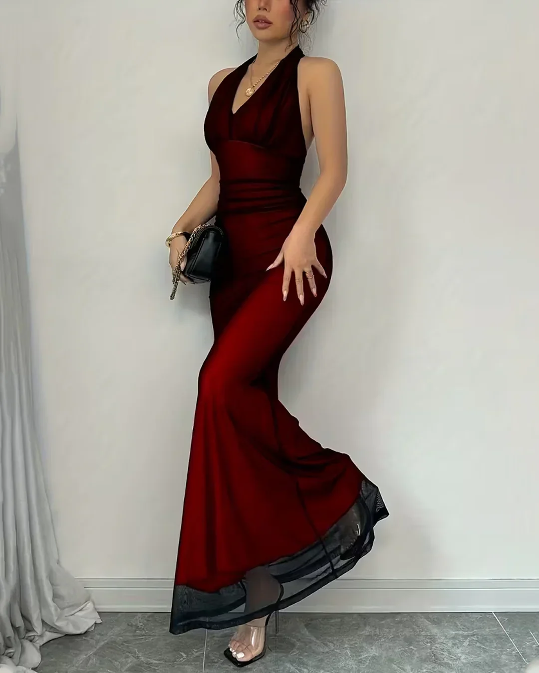 Backless Mermaid Long Dress with Mesh Halter Neck In Red - Image 2