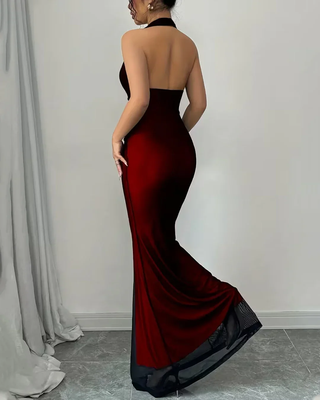 Backless Mermaid Long Dress with Mesh Halter Neck In Red - Image 3