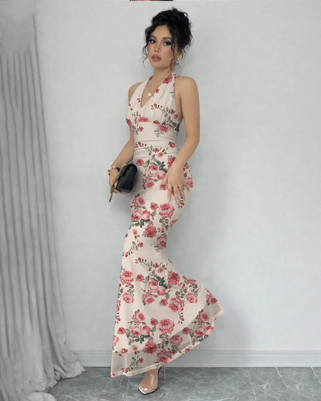 Backless Mermaid Maxi Floral Dress with Mesh Halter Neck - Image 2