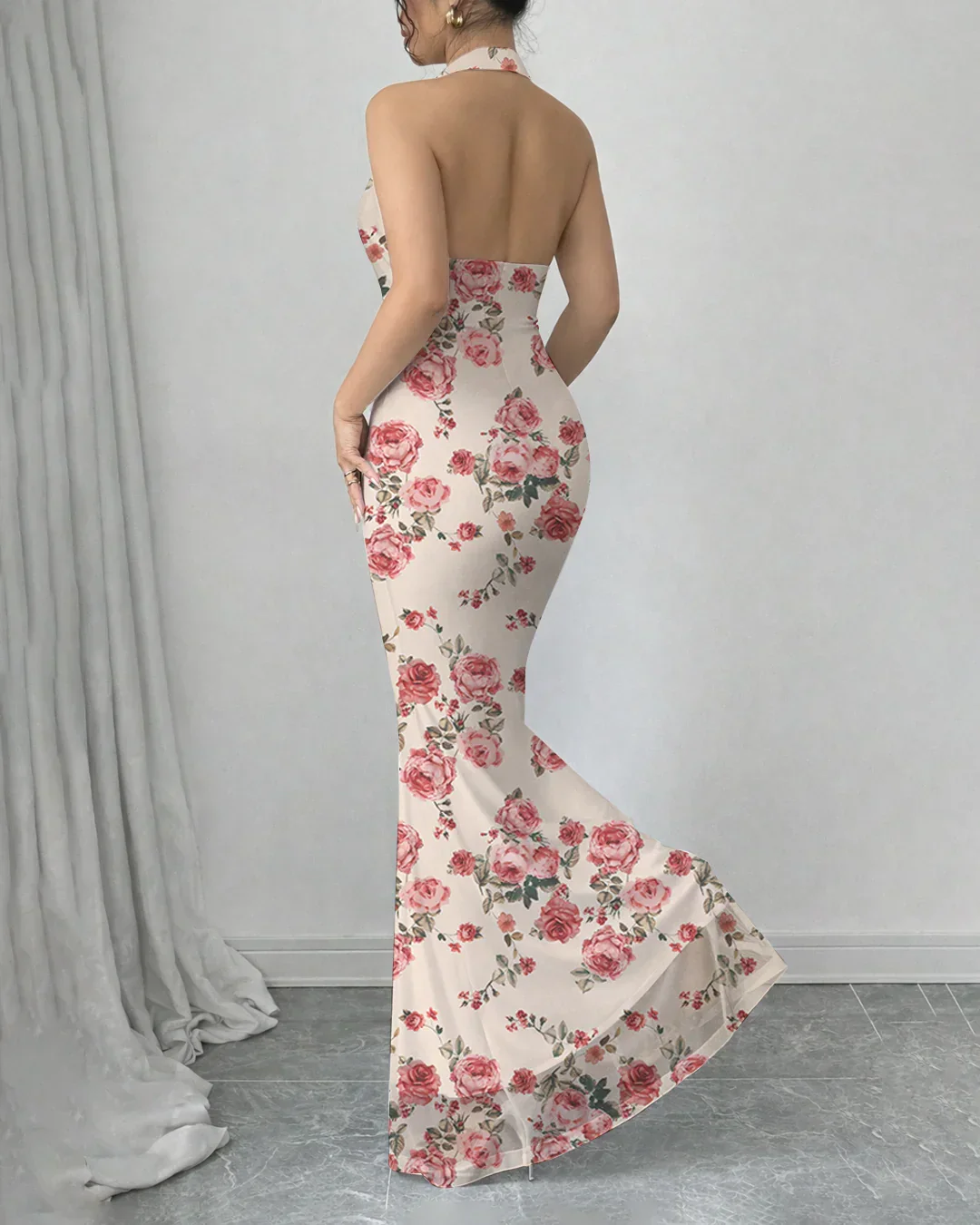 Backless Mermaid Maxi Floral Dress with Mesh Halter Neck - Image 3