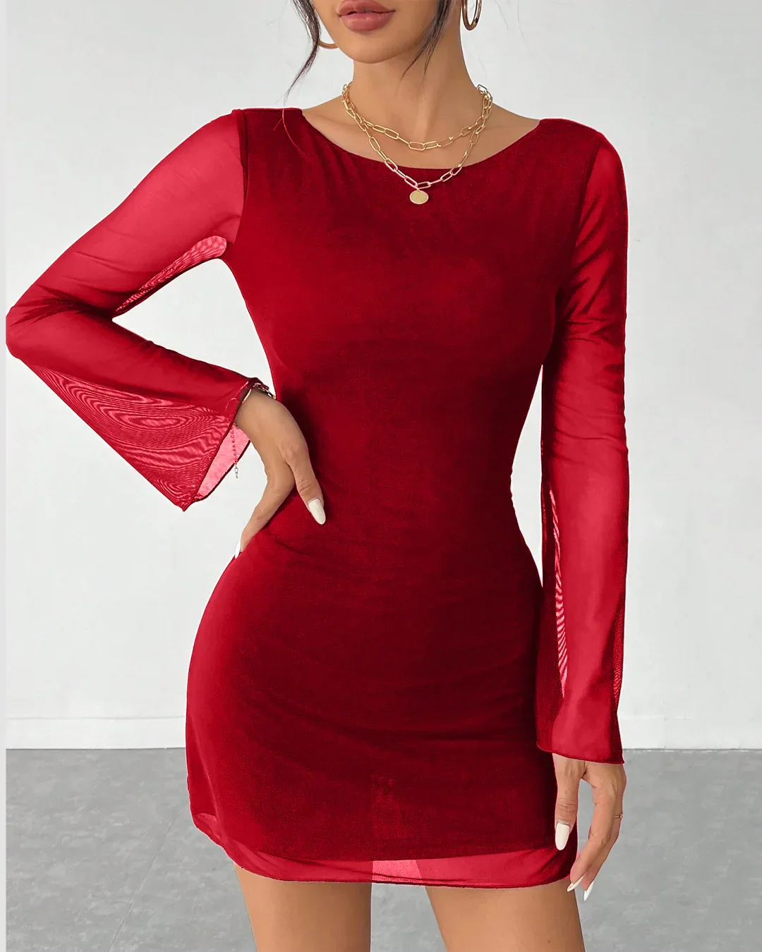 Backless Mesh Trumpet Sleeve Bodycon Mini Dress in Red - Image 2