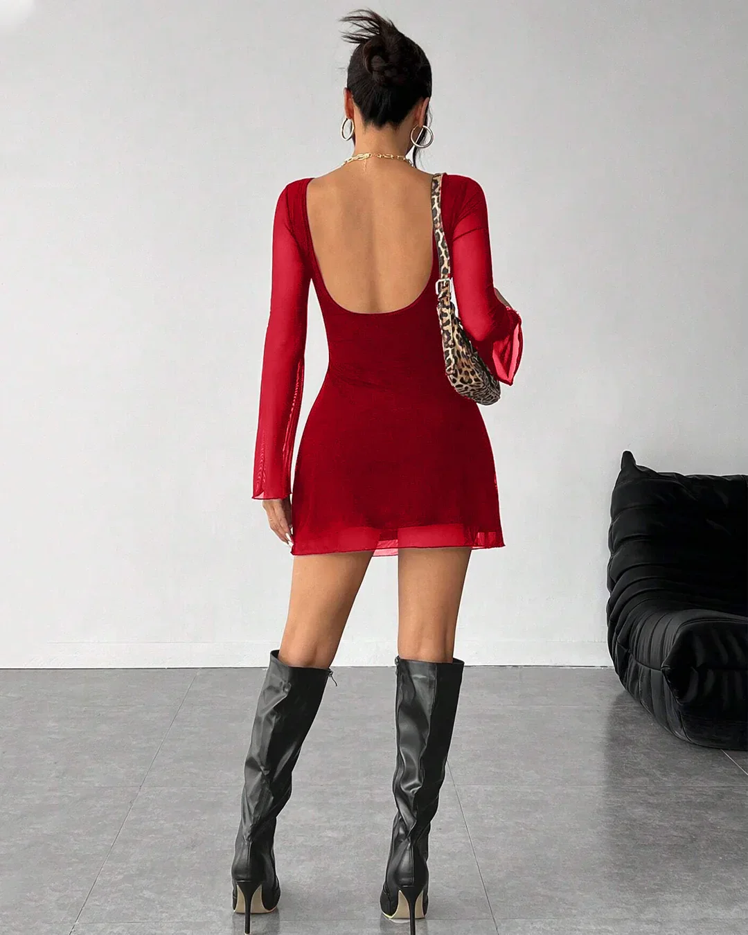 Backless Mesh Trumpet Sleeve Bodycon Mini Dress in Red - Image 3