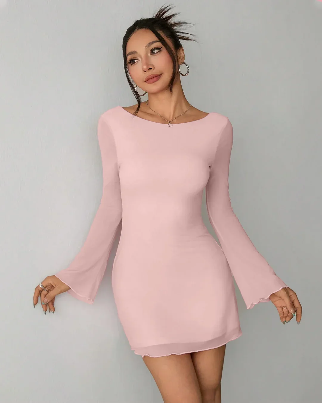 Backless Trumpet Sleeve Mesh Dress in Pink - Image 2