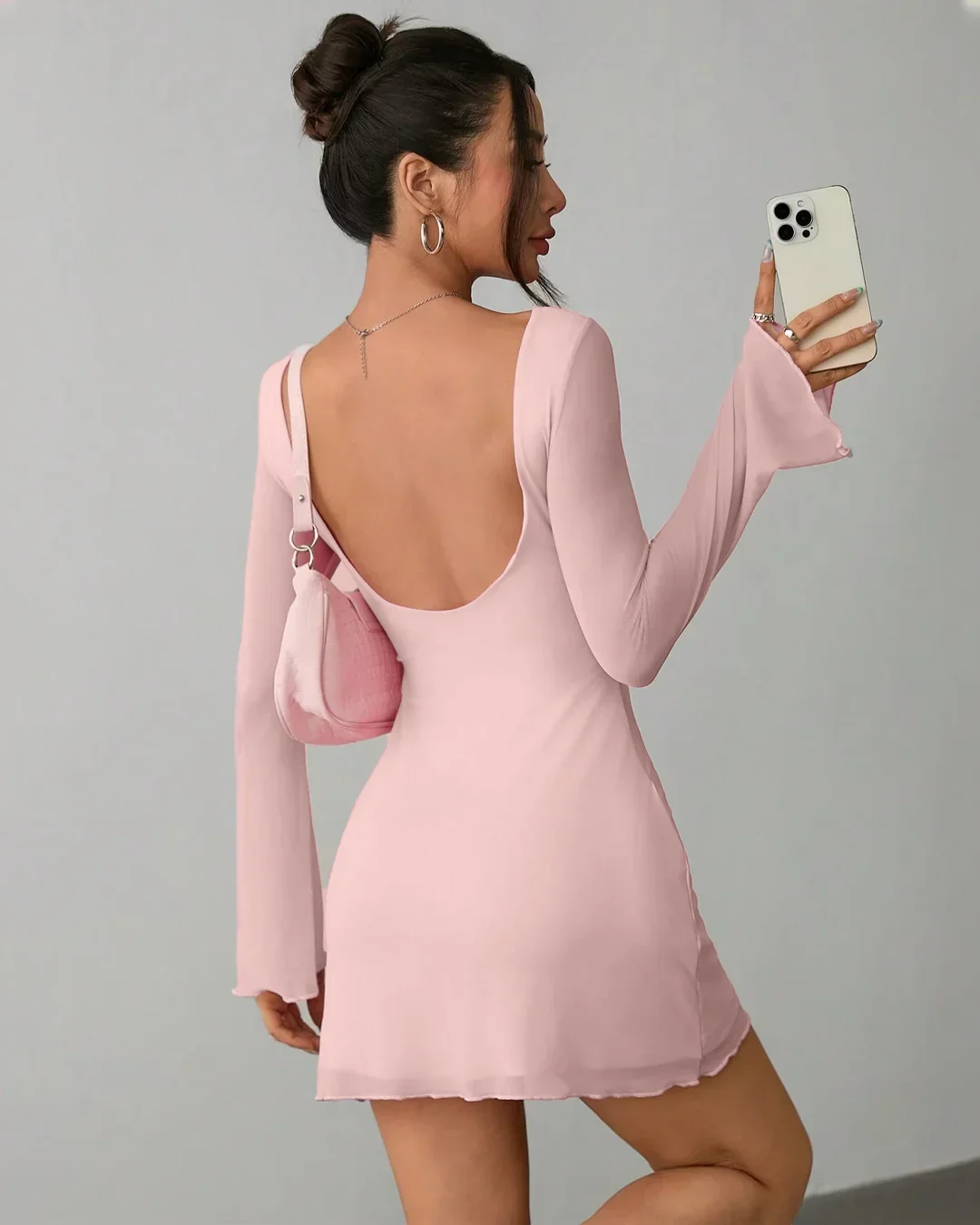 Backless Trumpet Sleeve Mesh Dress in Pink - Image 3