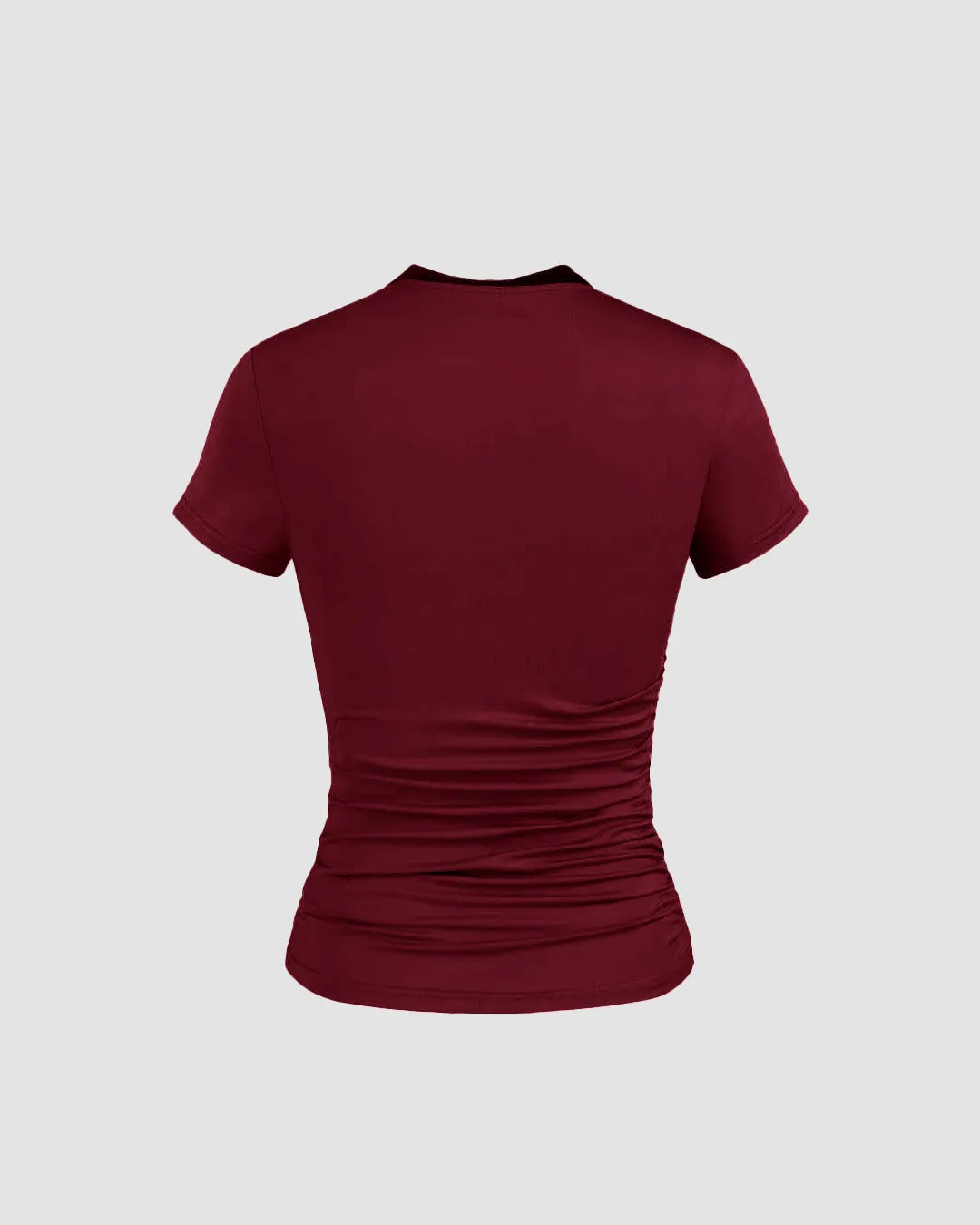 Basic Round Neck Short Sleeve Slim Fit Top In Burgundy - Image 2