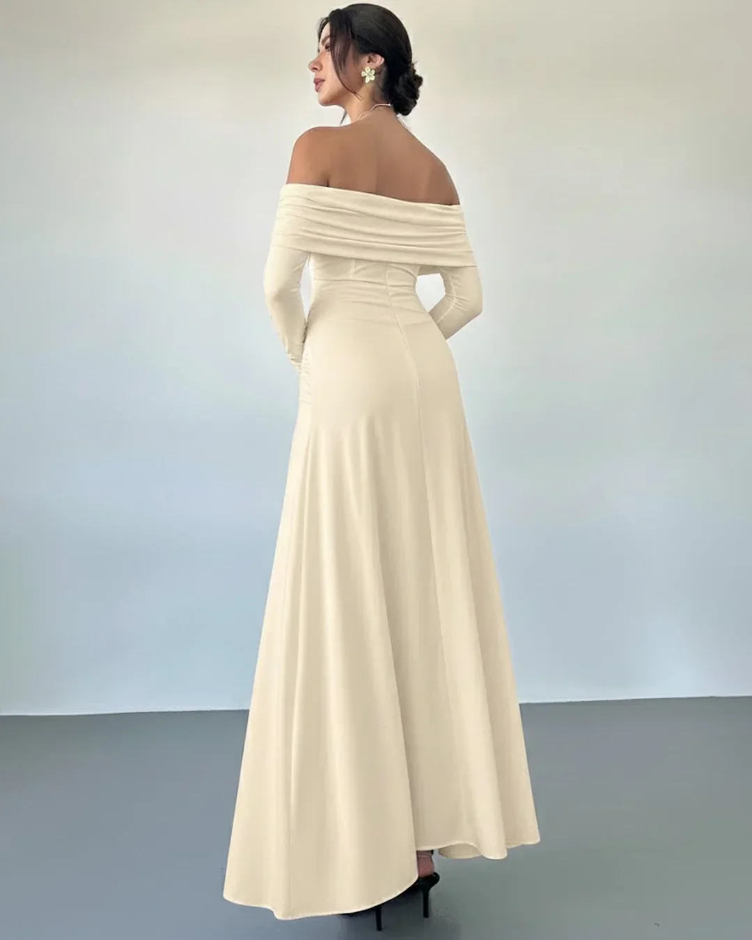 Beige Off-Shoulder Ruched Waist A-Line Twist Maxi Dress - Image 3