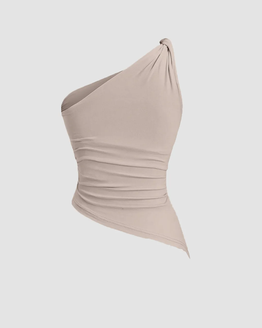 Beige One Shoulder Ruched Asymmetrical Top for Women - Image 3