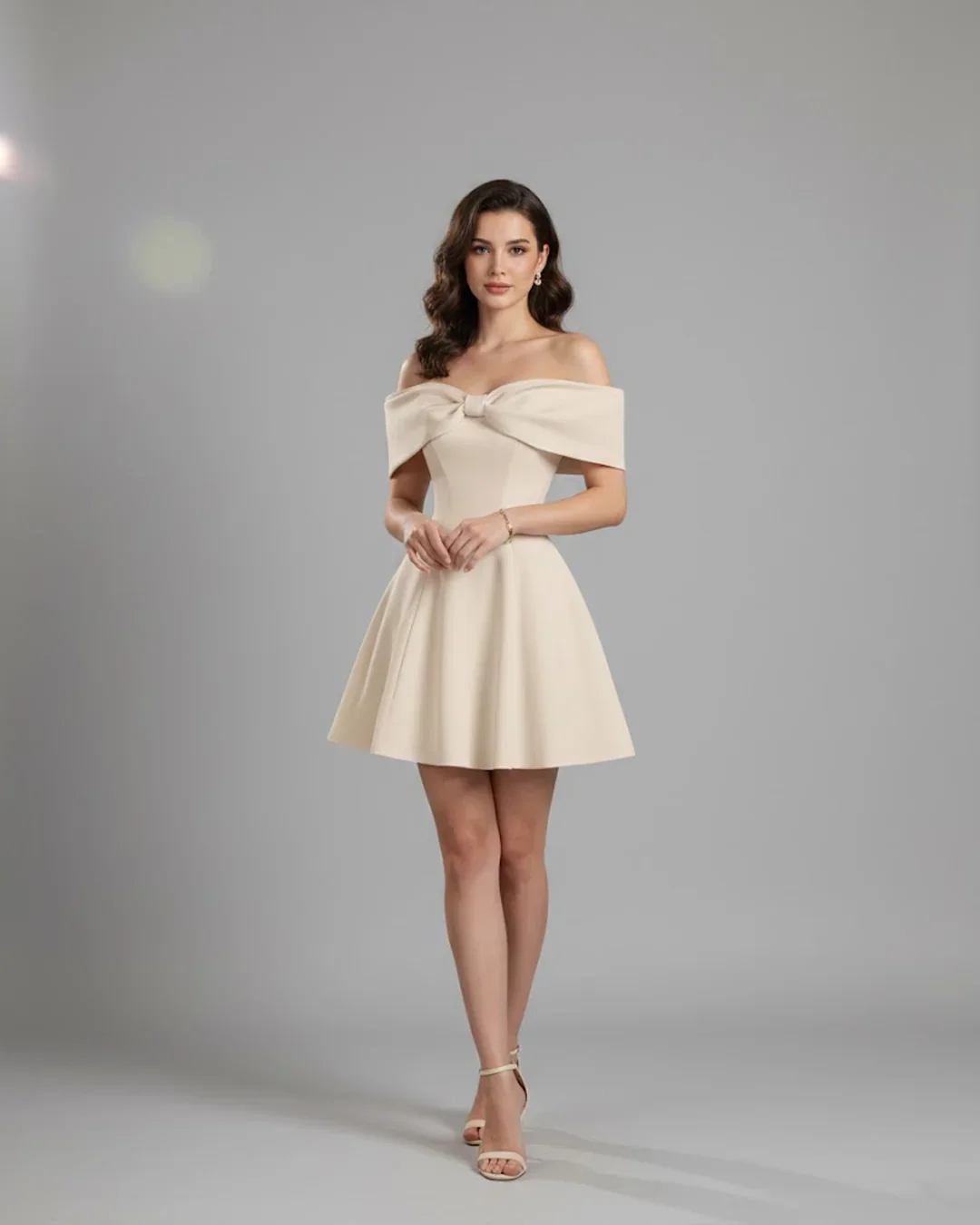 Beige Strapless Backless Mini Dress With Bow Detail - Image 2