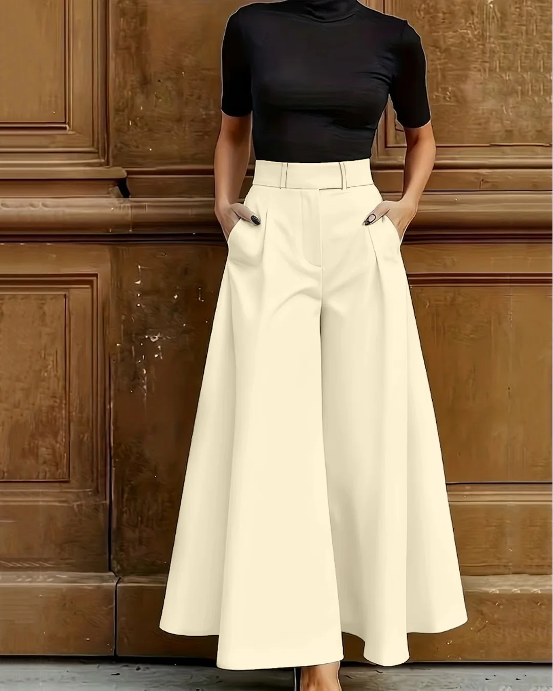 Bell Bottom Pocket Structured Pants in Beige - Image 2