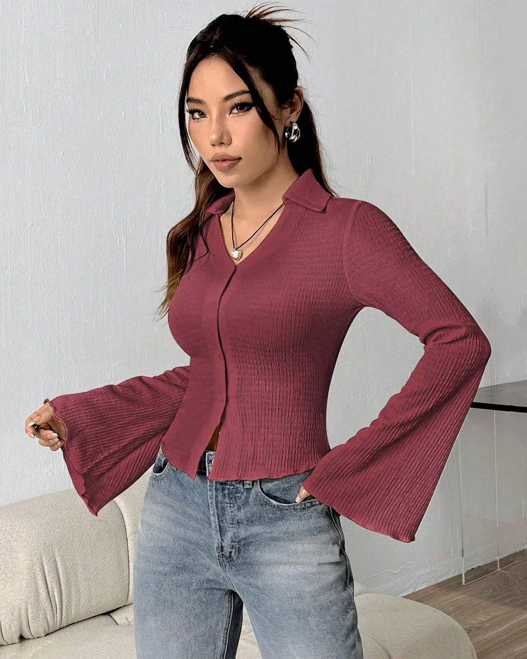 V Neck Button Front Knit Flared Sleeve Top in Maroon - Image 2