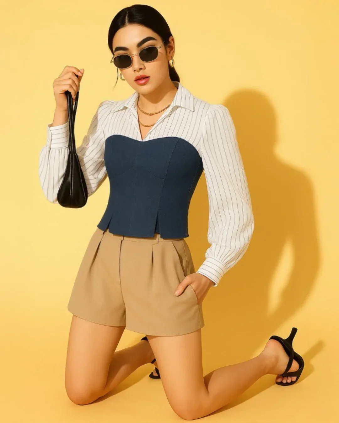 Navy Blue And White Striped Corset Fitted Shirt - Image 2