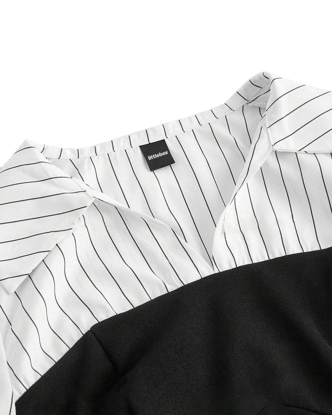 Formal Collared V Neck Long Sleeve Shirt in Black and White - Image 4