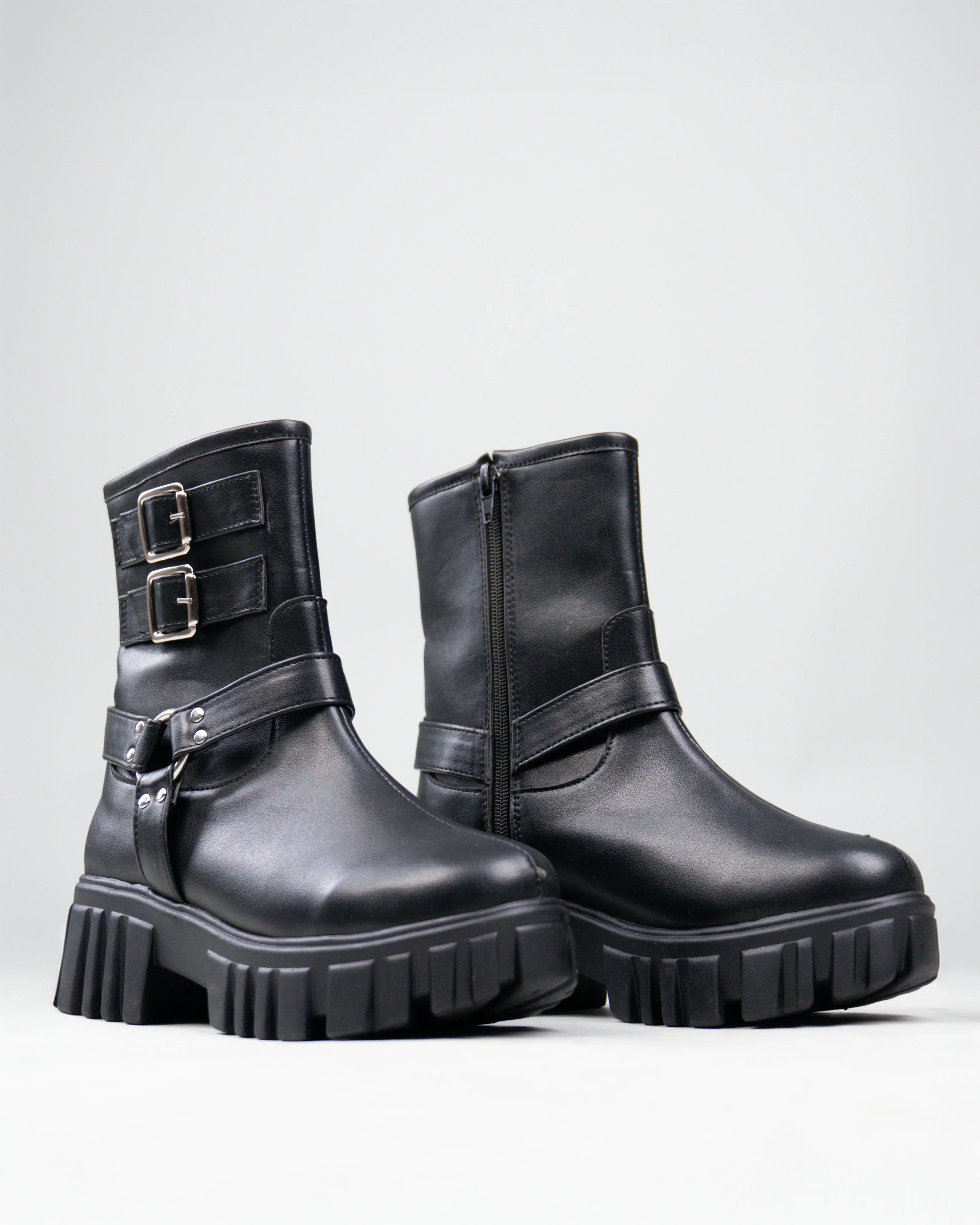 Black Biker Boots with Chunky Platform and Buckle - Image 3